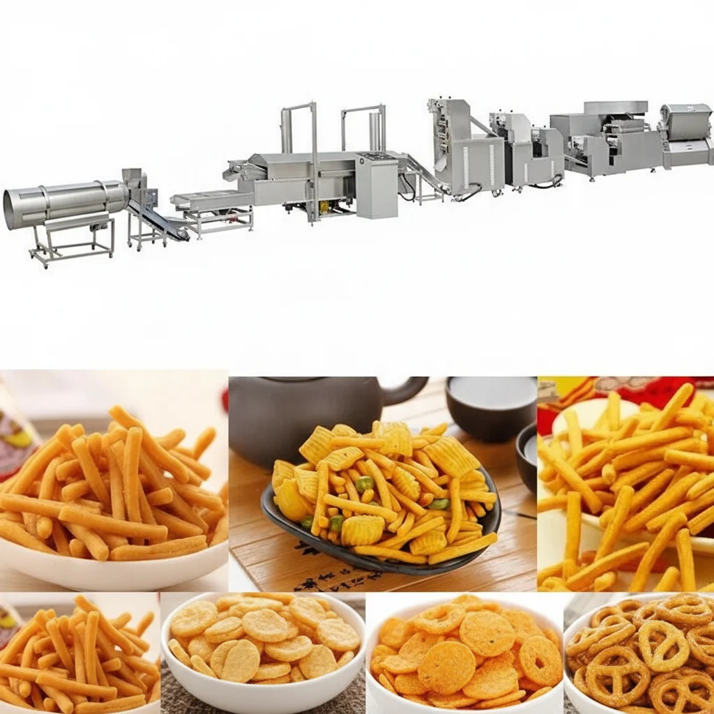 PLC Controlled Twin-Screw Puffing Deep Frying Bugles & Rice Crust Production Line
