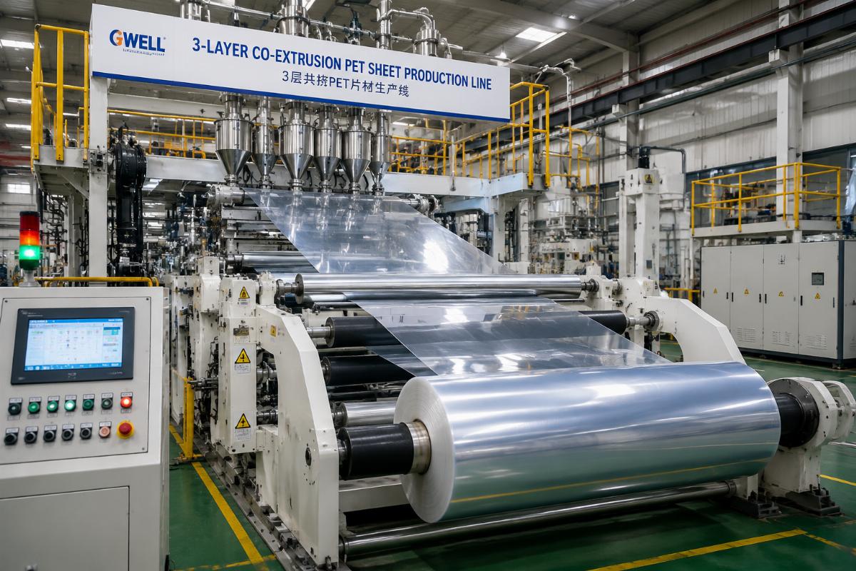3-layer co-extrusion PET sheet production line in operation