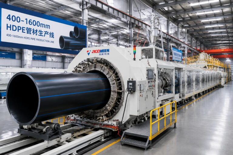 400mm-1600mm large diameter HDPE pipe production line running at a manufacturing facility