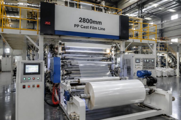 A 2800mm width PP cast film line running stable production in a Southeast Asian food packaging factory