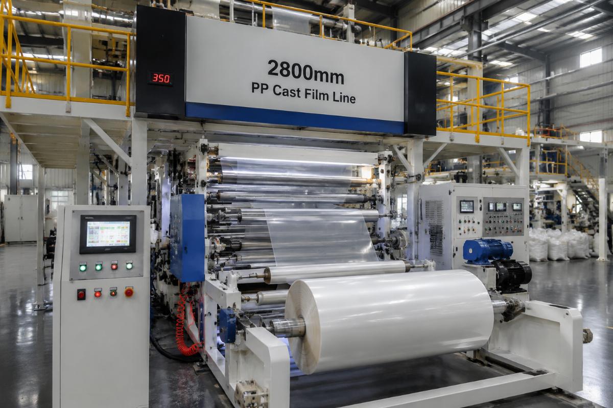 A 2800mm width PP cast film line running stable production in a Southeast Asian food packaging factory