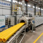 A complete PE100 yellow gas pipe extrusion line running in a factory, with finished pipes coming off the production line