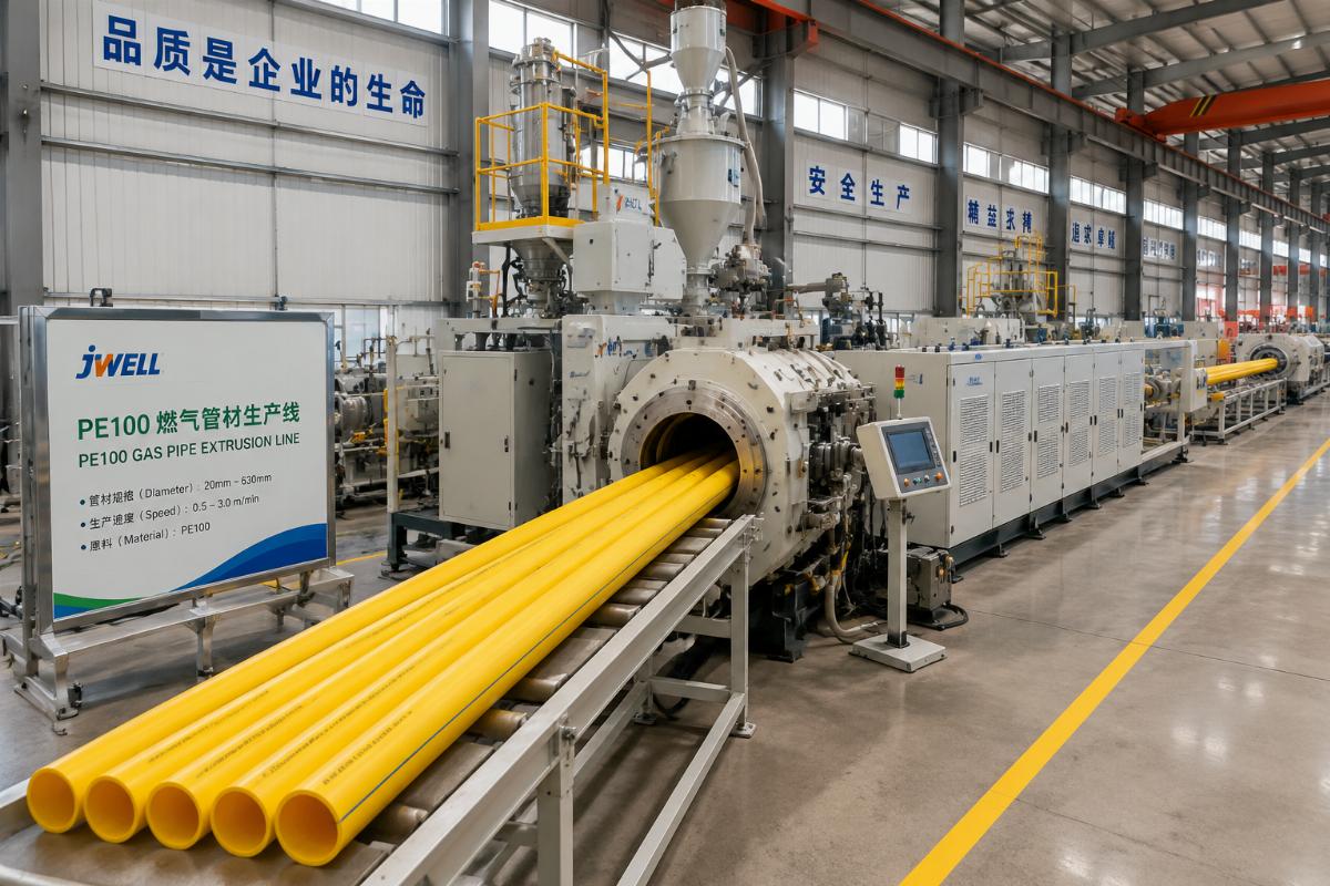 A complete PE100 yellow gas pipe extrusion line running in a factory, with finished pipes coming off the production line