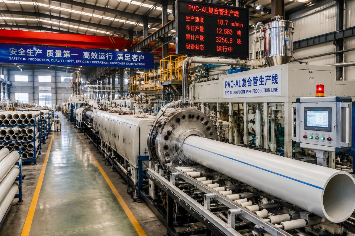 A factory floor with a fully operational PVC-Al composite pipe production line running at full capacity