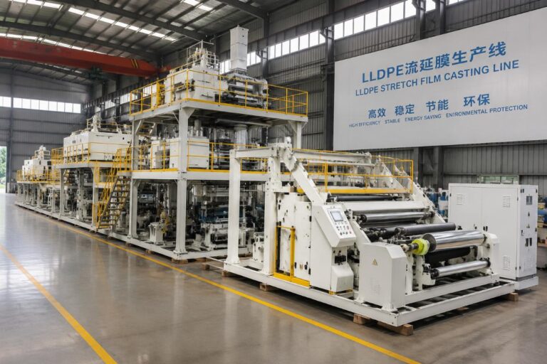 A fully assembled LLDPE stretch film casting production line in a factory warehouse ready for shipment