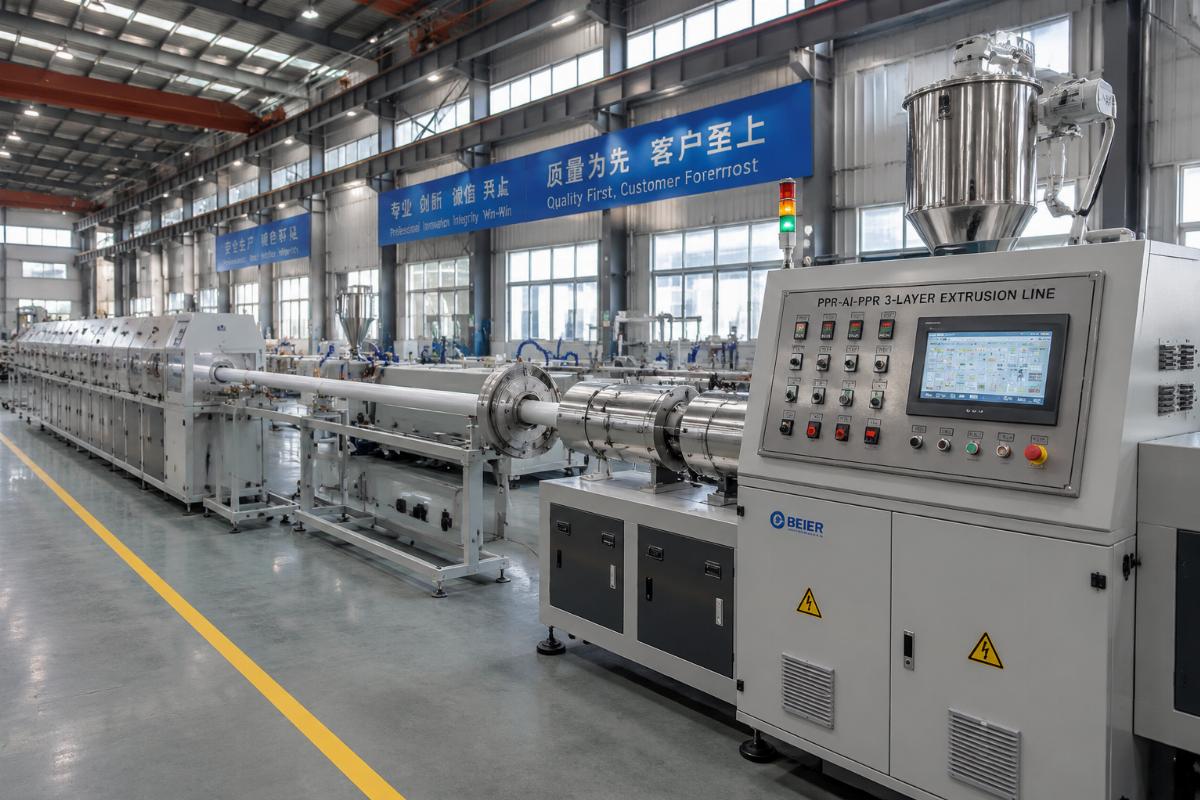 A fully assembled PPR-Al-PPR 3-layer extrusion line running at a stable production facility