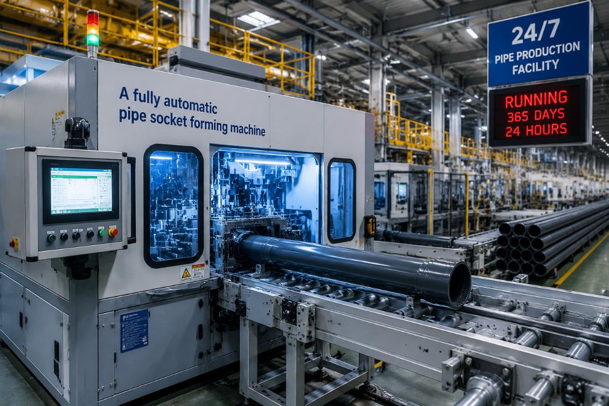 A fully automatic pipe socket forming machine running in a 24/7 pipe production facility