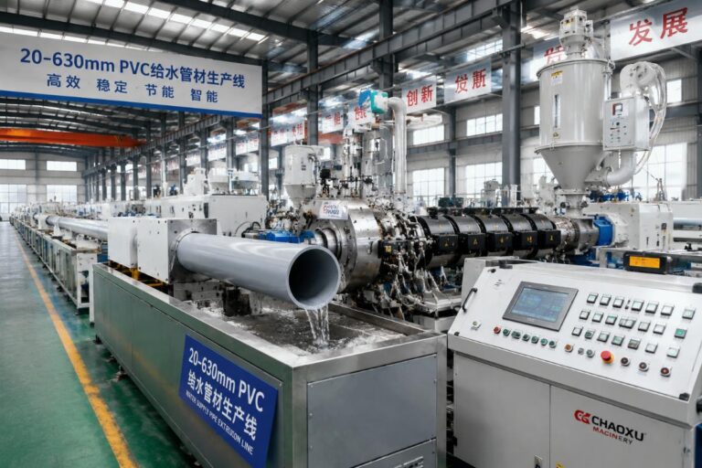 A fully operational 20-630mm PVC water supply pipe extrusion line running at a Chinese manufacturing facility