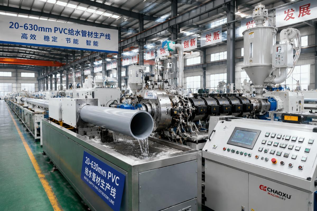 A fully operational 20-630mm PVC water supply pipe extrusion line running at a Chinese manufacturing facility