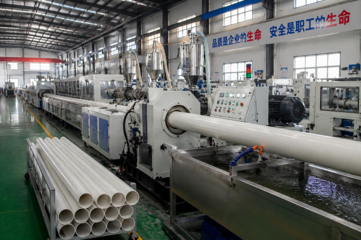 A fully operational PVC drainage pipe extrusion line running stably in a factory workshop