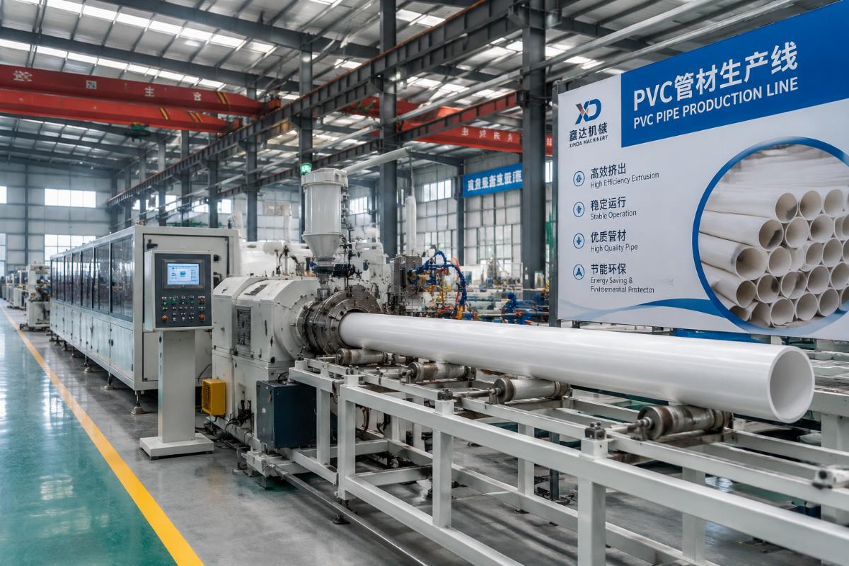 A newly installed mid-sized PVC pipe production line running at steady capacity in a factory facility