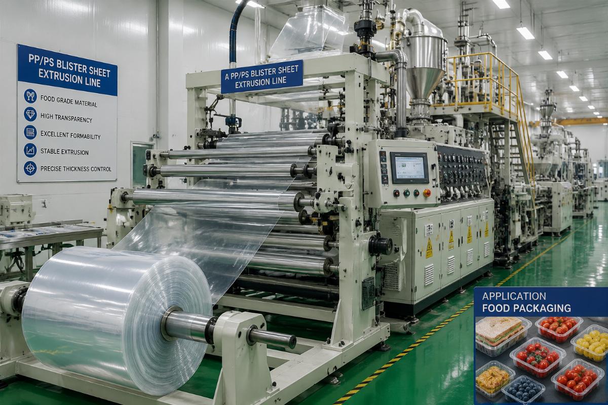A PP/PS blister sheet extrusion line running in a food packaging factory, producing clear rolled sheets