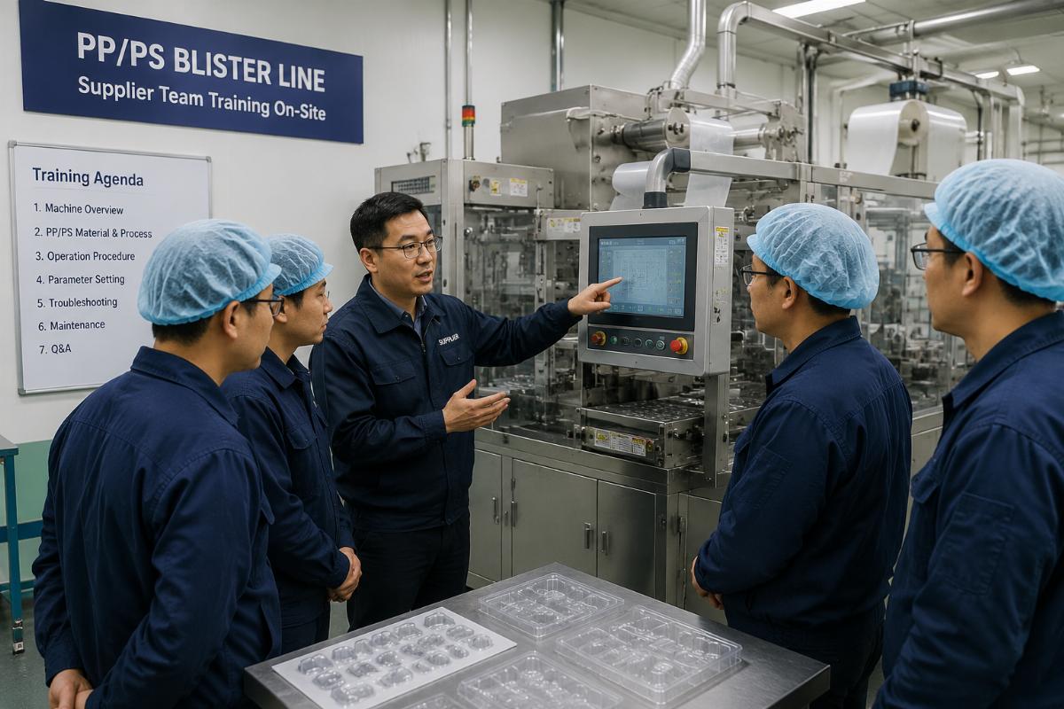 A supplier team training factory operators on PP/PS blister line operation on site