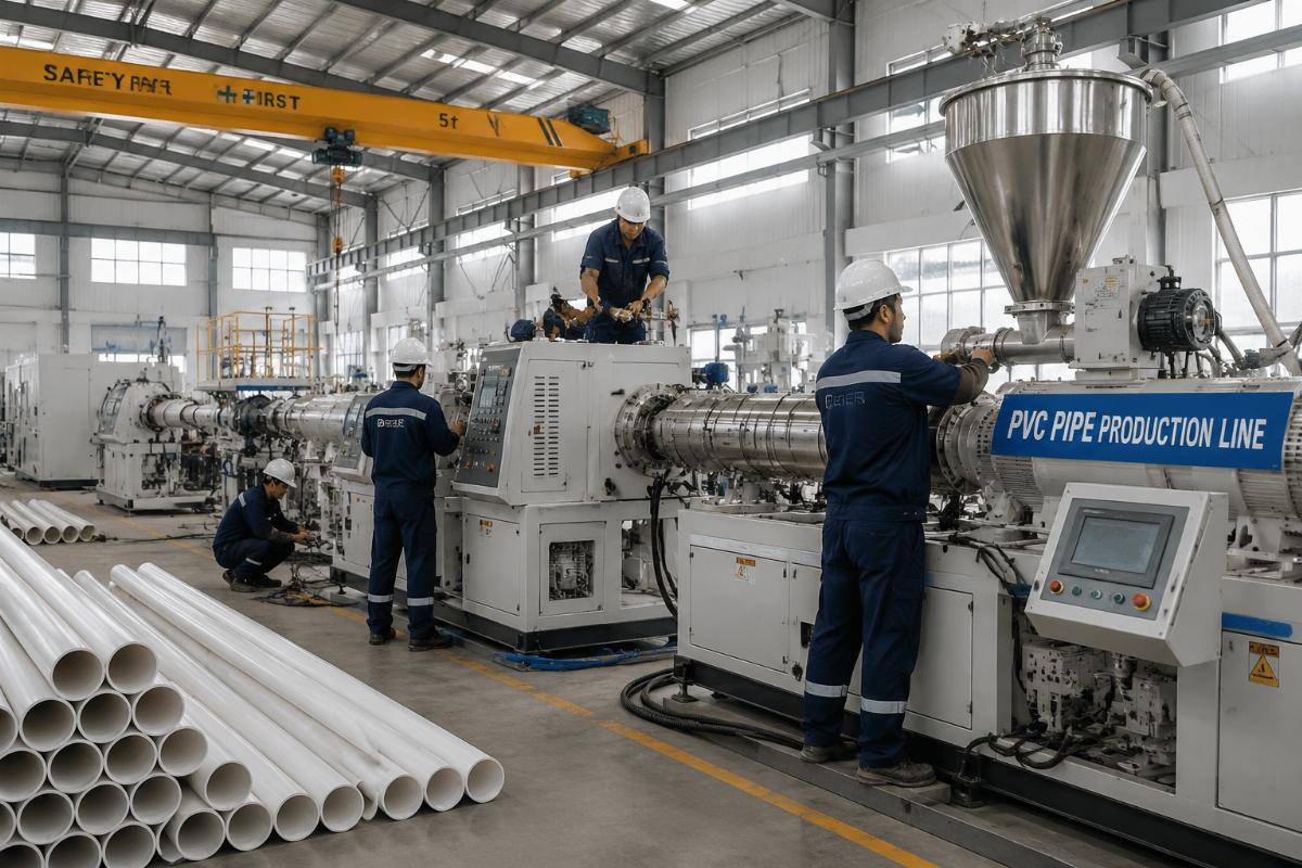 A team of engineers completing on-site installation of a PVC pipe production line at a customer facility