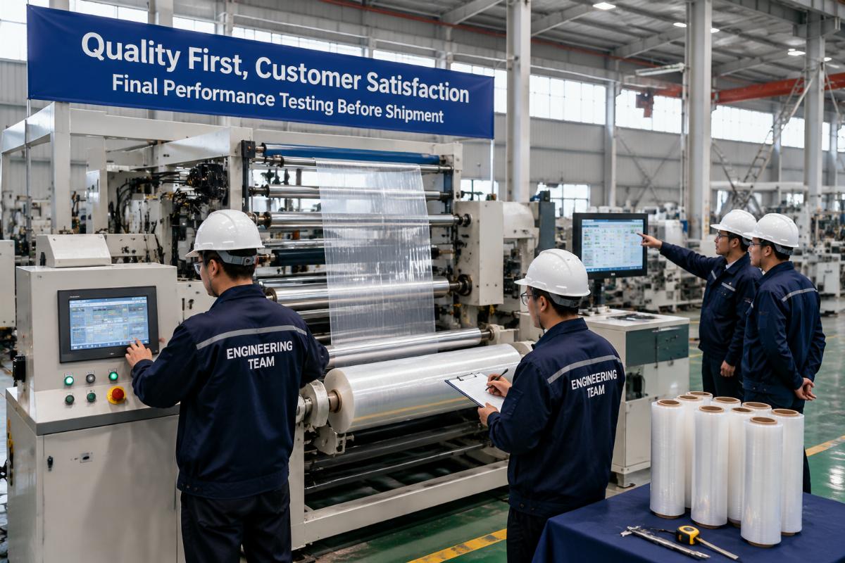 A team of engineers conducting final performance testing on a stretch film production line before shipment