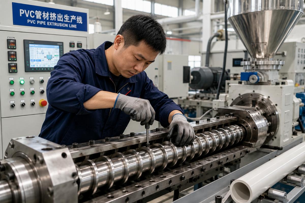 A technician adjusting screw configuration for a PVC pipe extrusion line