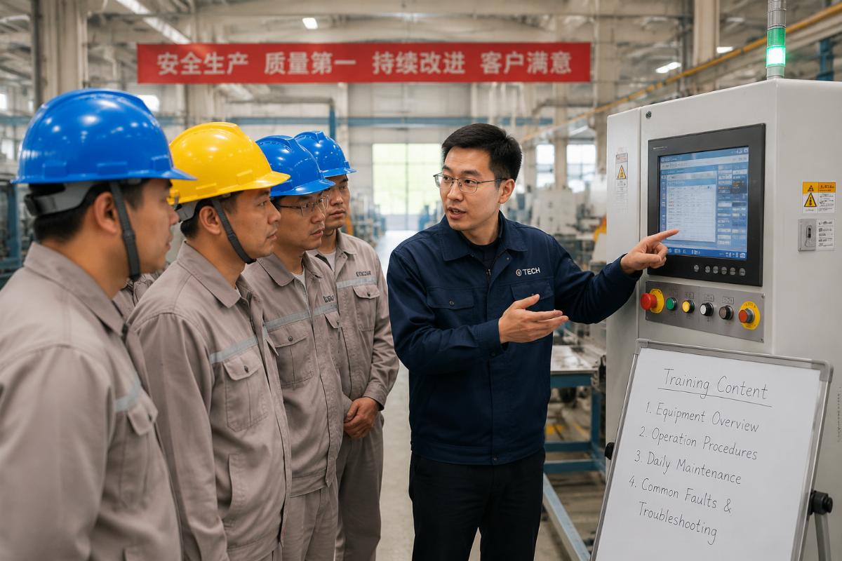After-sales engineer conducting on-site training for factory operators