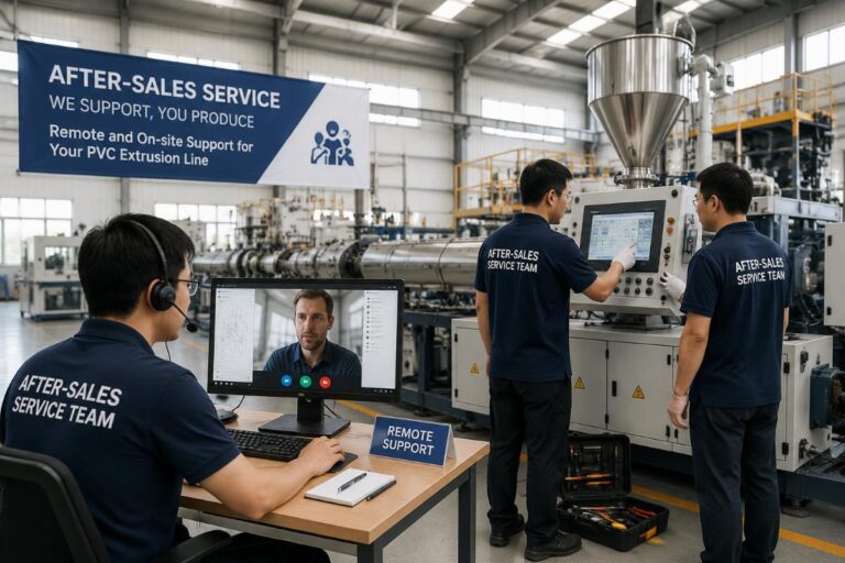 After-sales service team providing remote and on-site support for a customer's PVC extrusion line