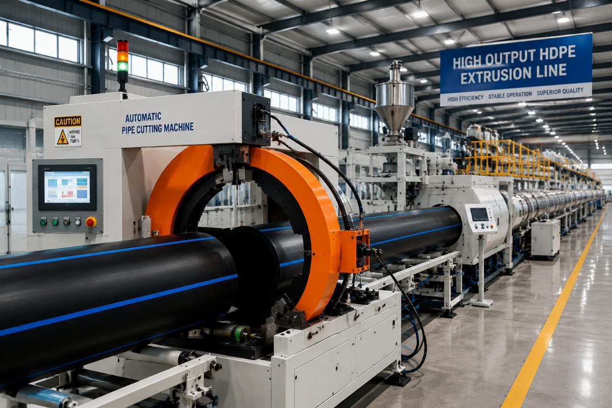 Automatic pipe cutting machine running on a high-output HDPE extrusion line