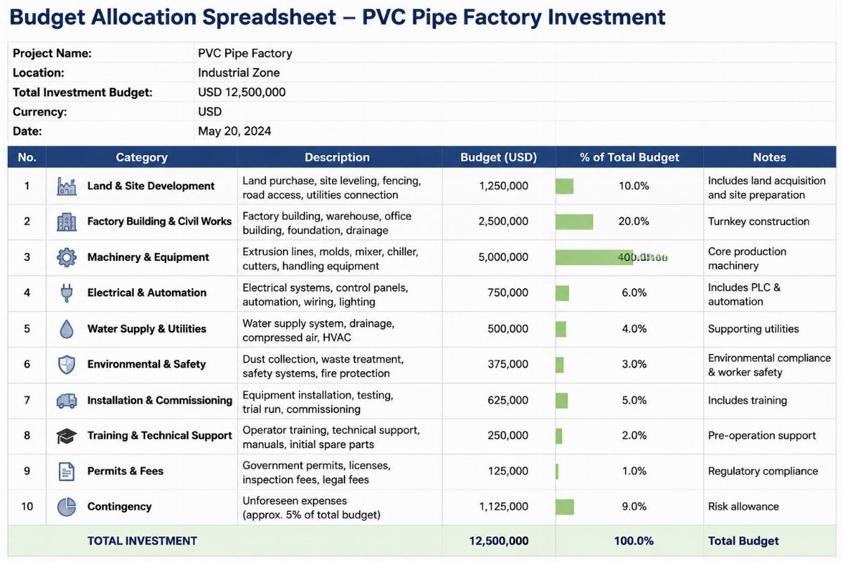 Budget allocation spreadsheet snippet for PVC pipe factory investment