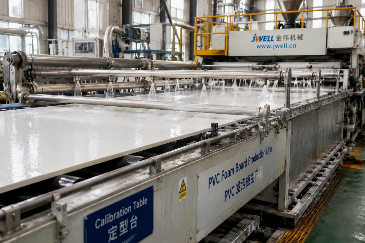 Calibration table section of a PVC foam board production line during production run