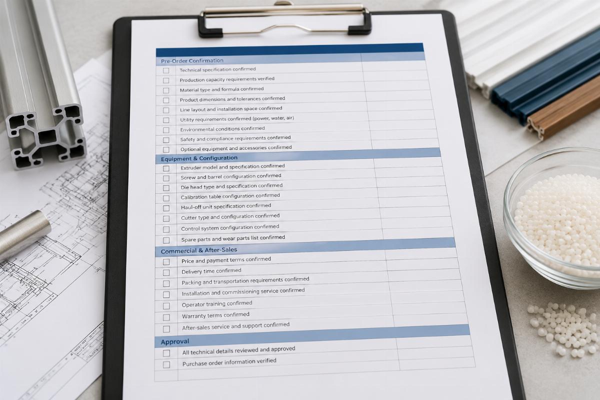Checklist document for extrusion line purchase order confirmation