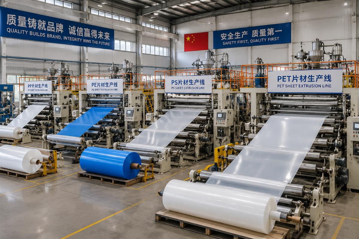 China factory floor with PP PE PS PET plastic sheet extrusion lines in production