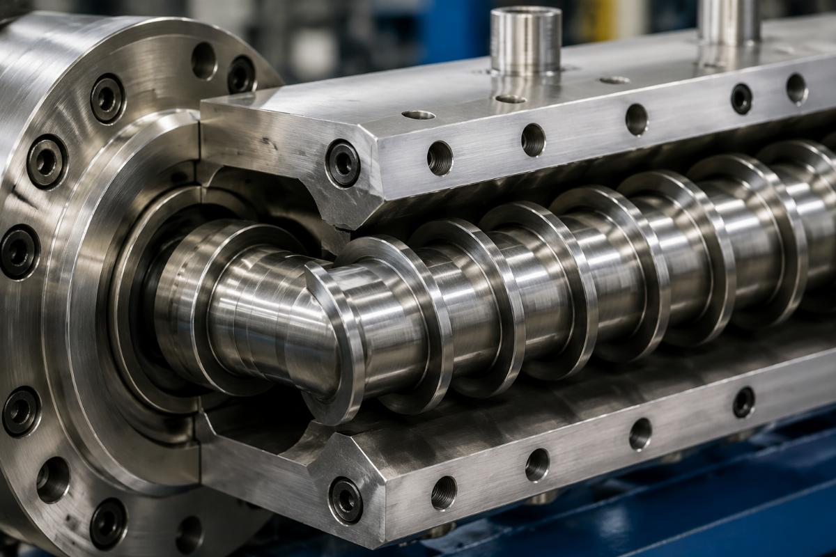 Close up of the screw and barrel component of a PE100 extrusion line