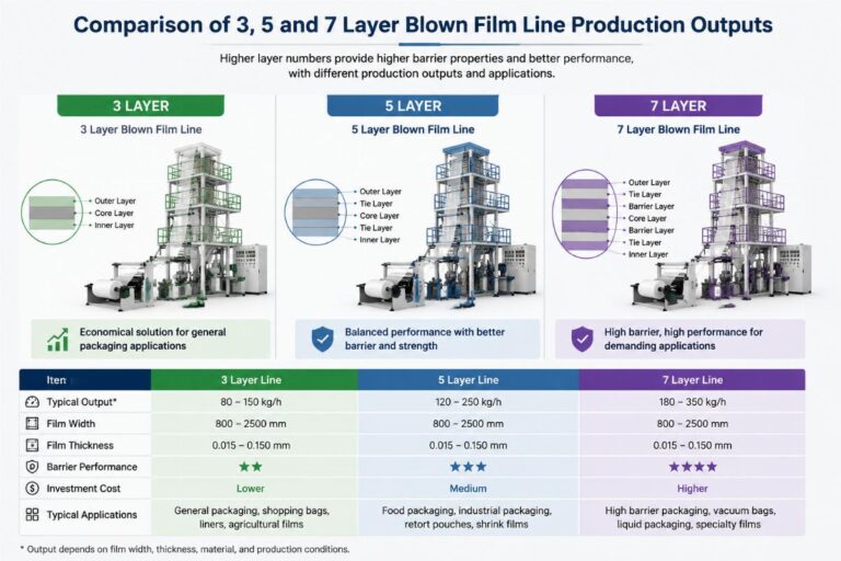 Comparison of 3, 5 and 7 layer blown film line production outputs