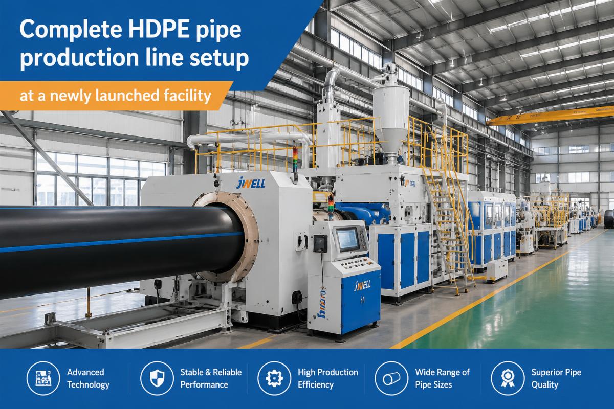 Complete HDPE pipe production line setup at a newly launched facility