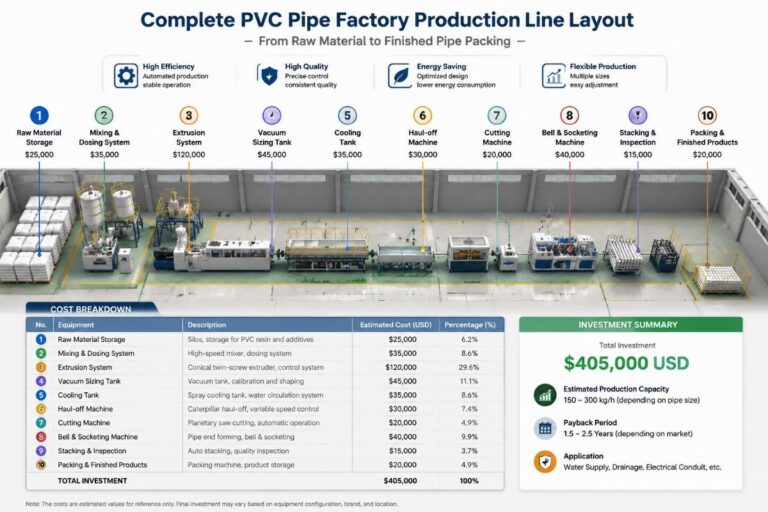 Complete PVC pipe factory production line layout with cost breakdown markers