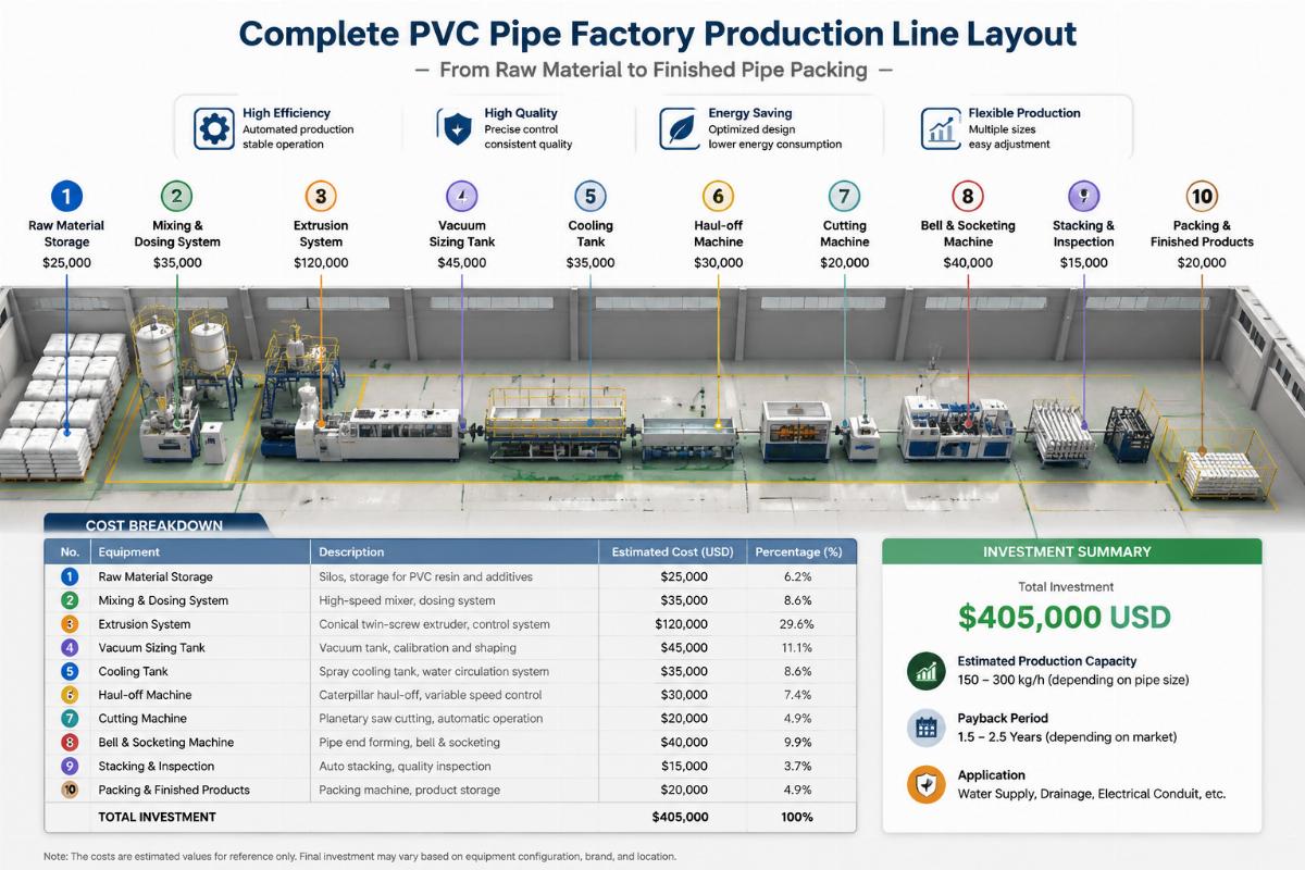 Complete PVC pipe factory production line layout with cost breakdown markers