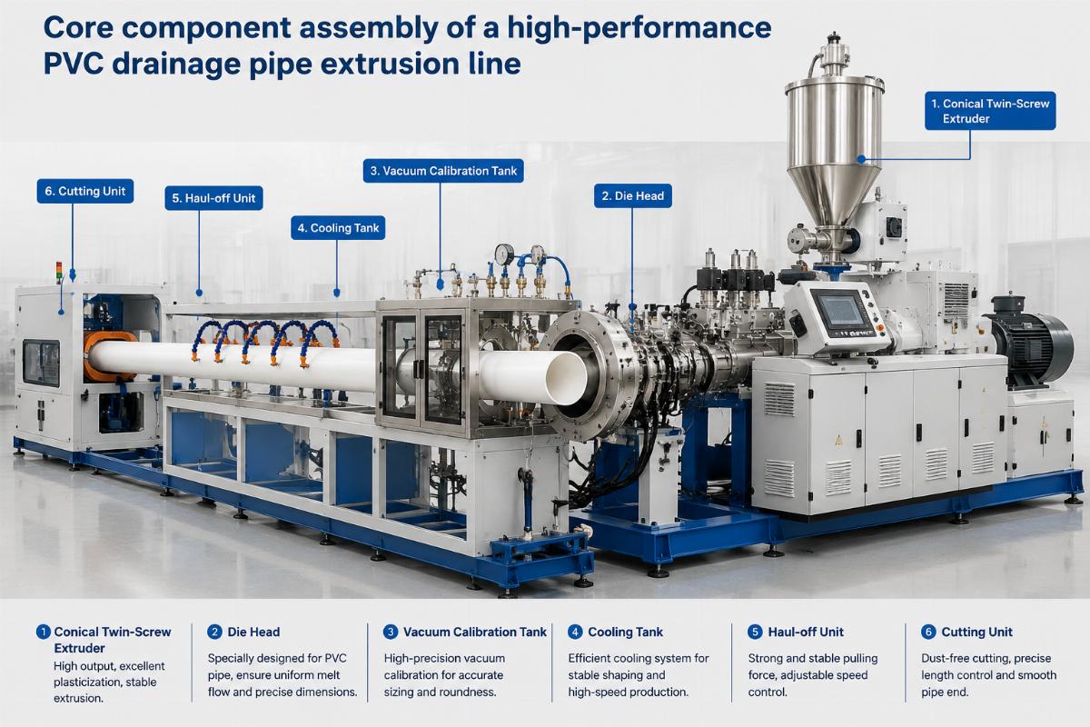 Core component assembly of a high-performance PVC drainage pipe extrusion line