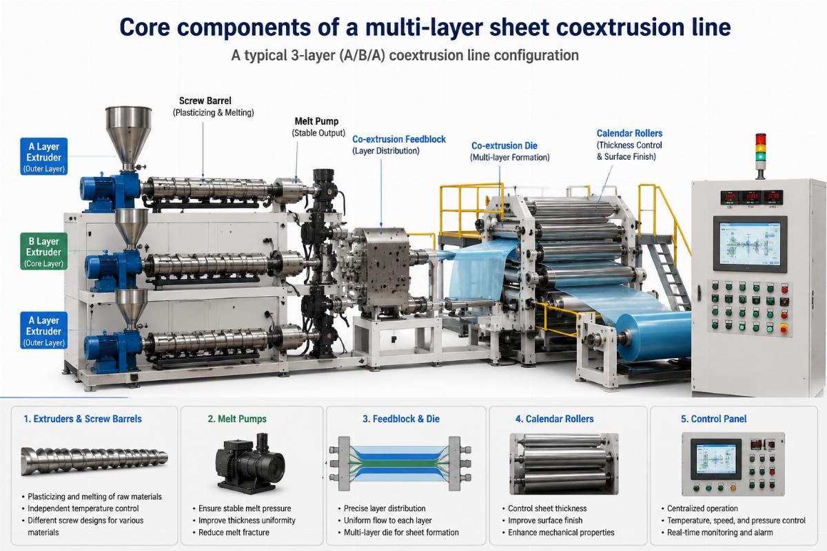 Core components of a multi-layer sheet coextrusion line including screw barrels and control panel