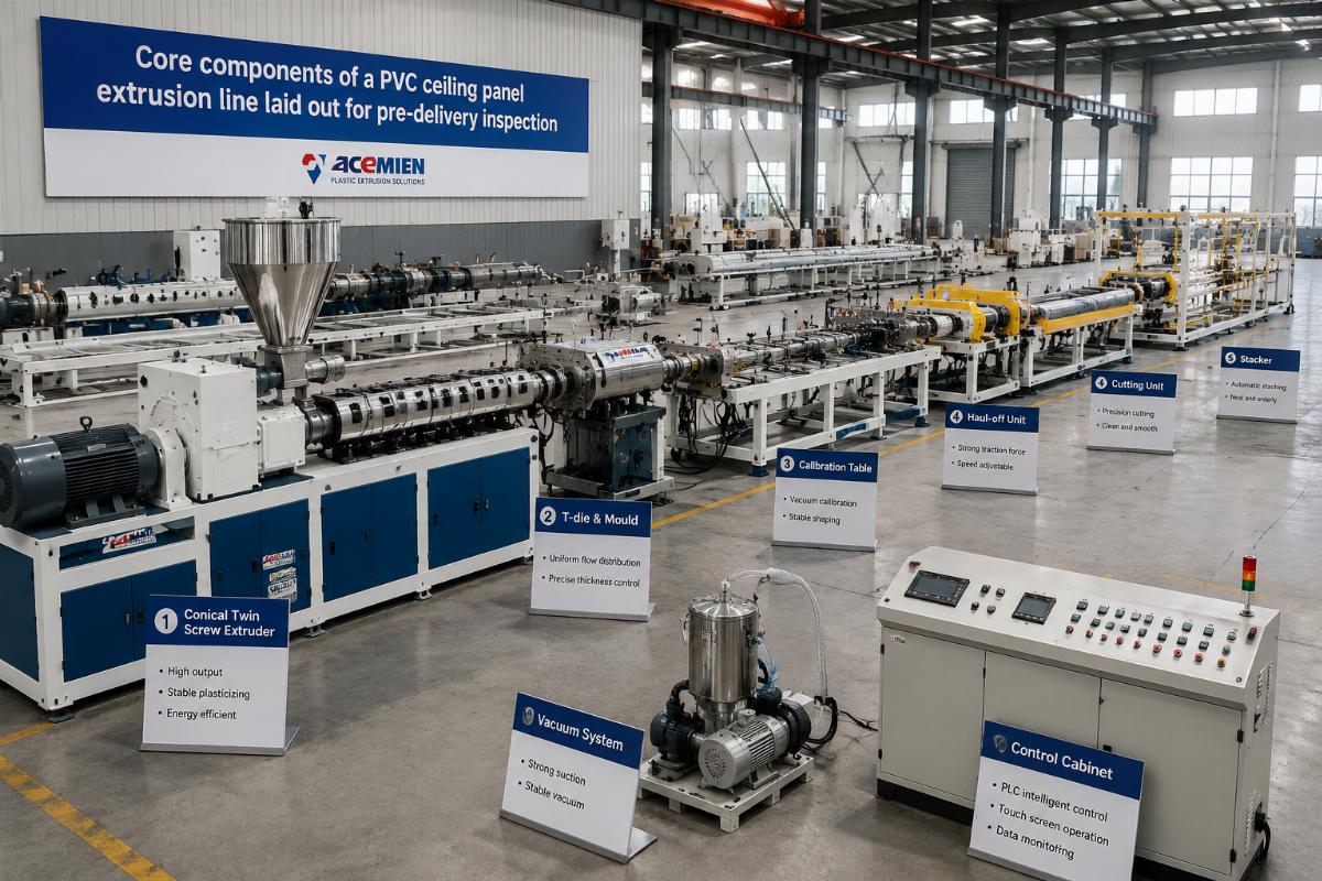 Core components of a PVC ceiling panel extrusion line laid out for pre-delivery inspection