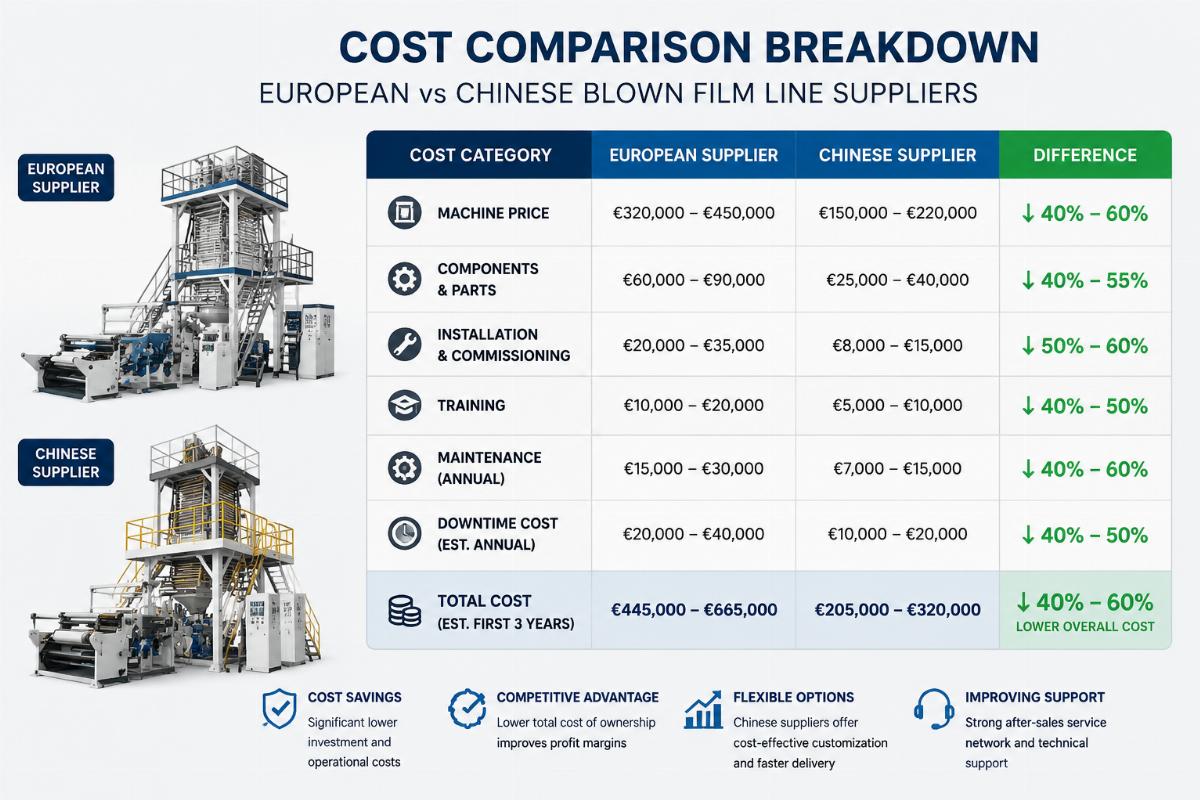 Cost comparison breakdown of European and Chinese blown film line suppliers