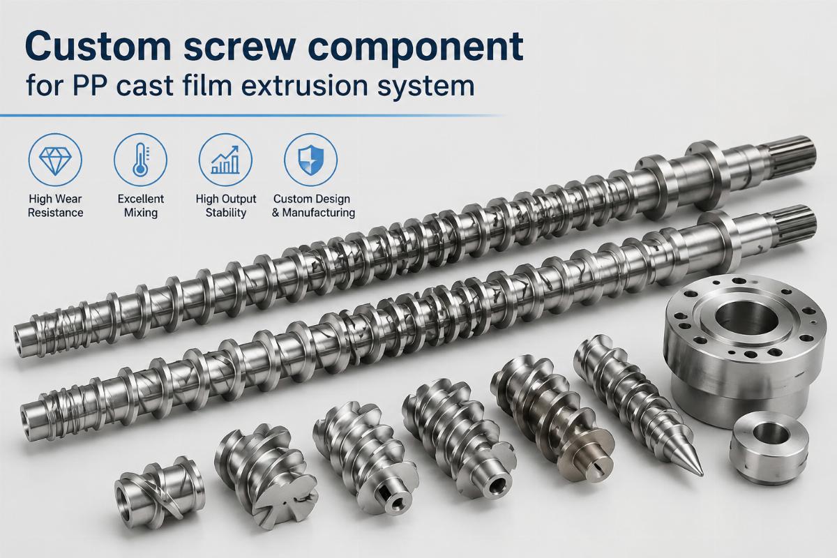Custom screw component for PP cast film extrusion system