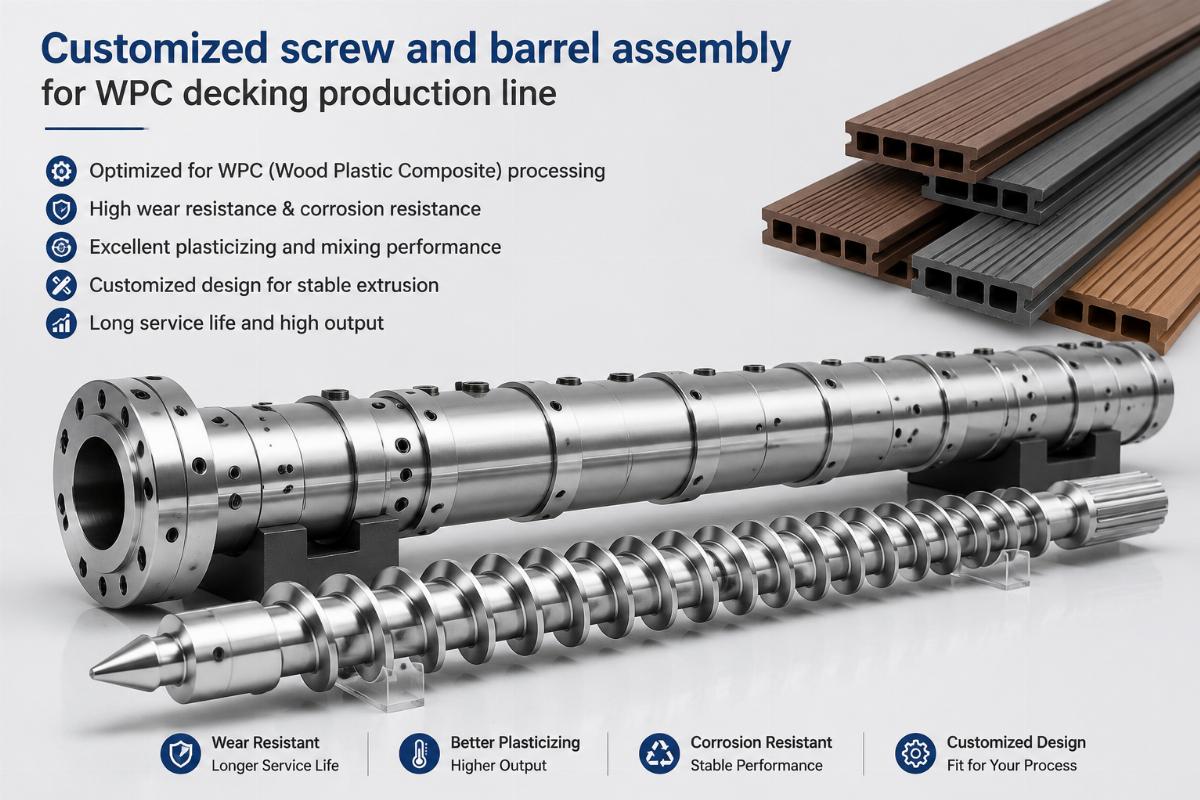 Customized screw and barrel assembly for WPC decking production line