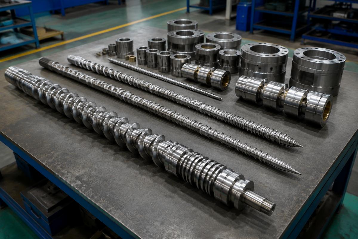 Customized screw assembly for PE-RT resin processing laid out on a factory workbench