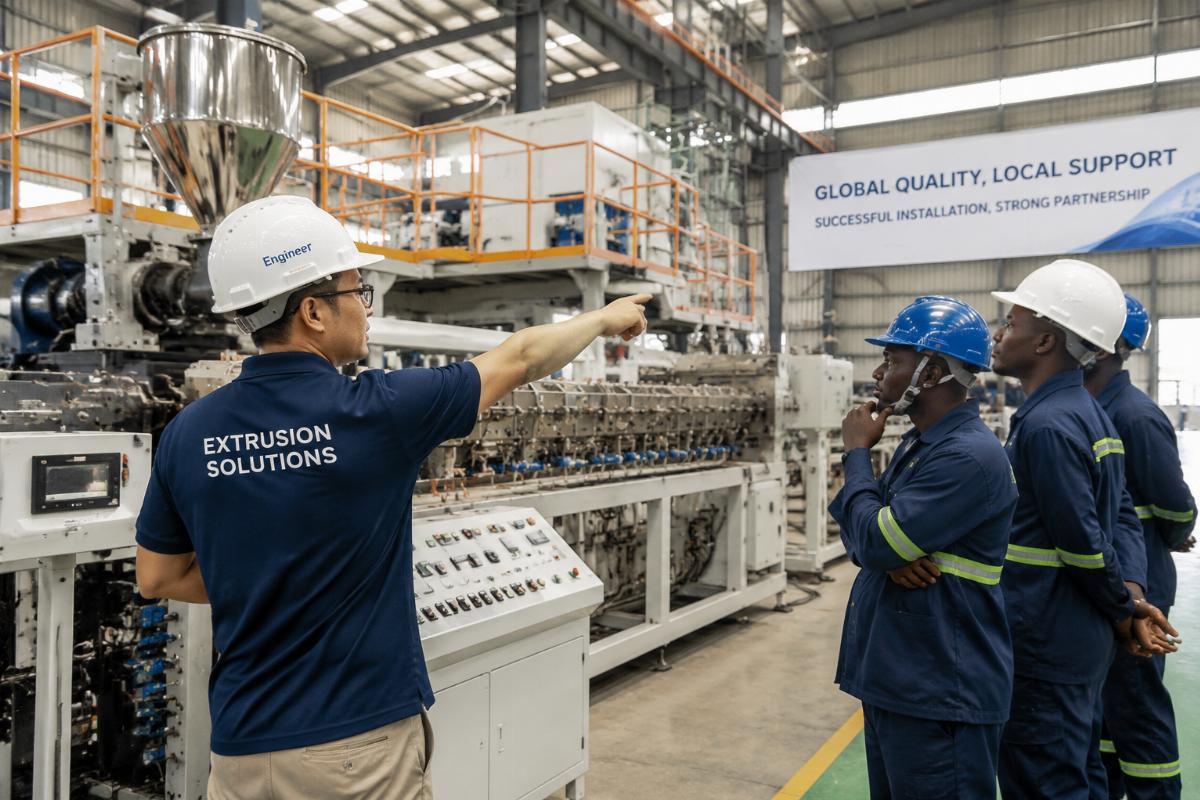 Engineer conducting on-site installation of an extrusion production line for an overseas client