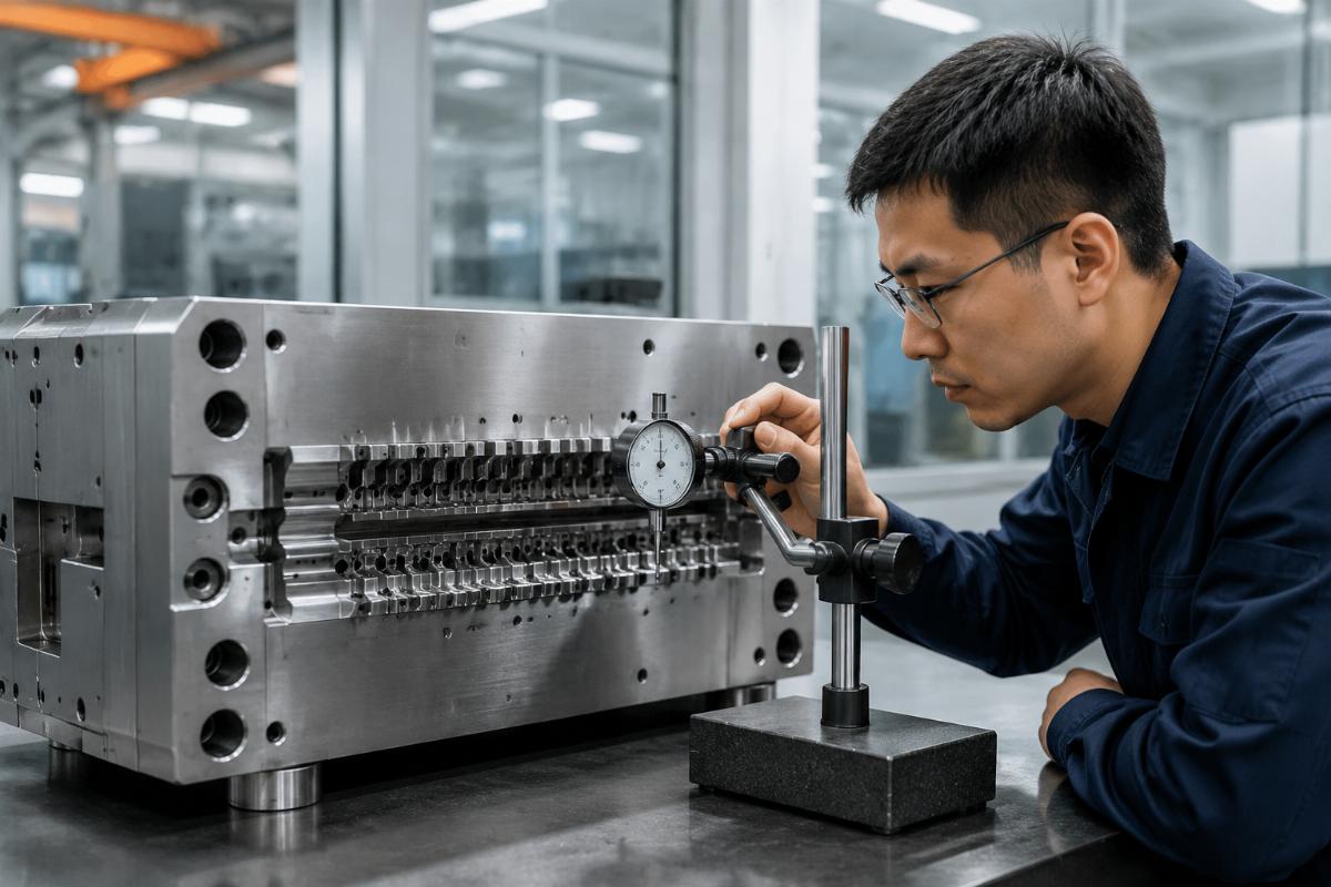 Engineer conducting precision test on multi-cavity extrusion die