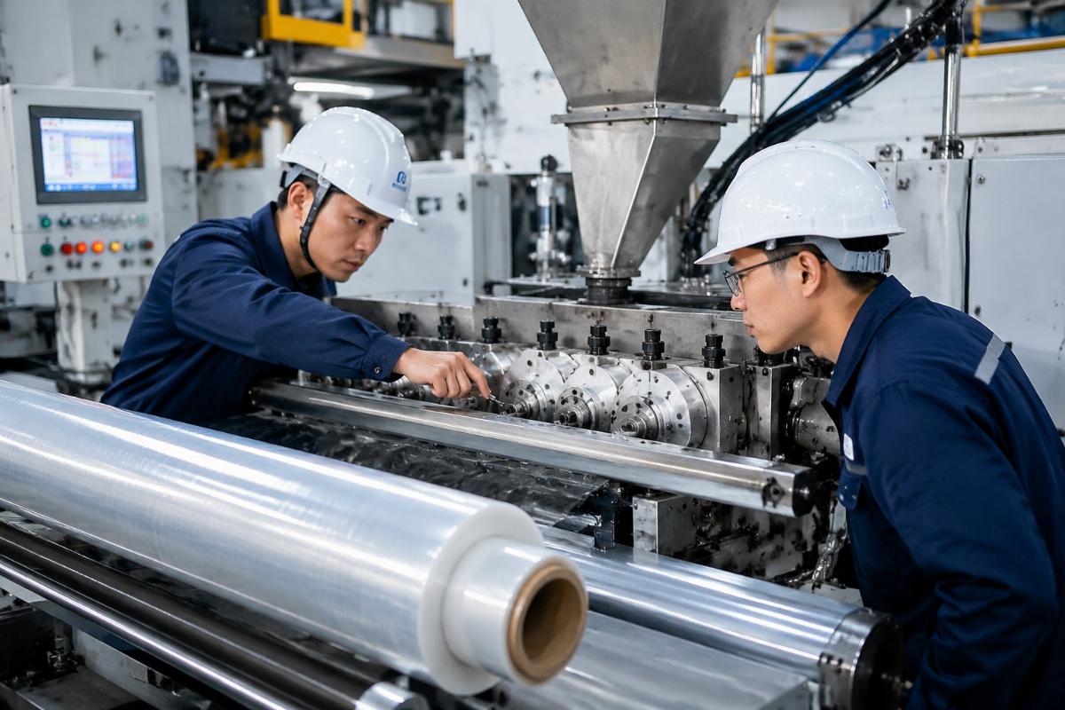 Engineers adjusting screw configuration parameters on a stretch film line during final testing