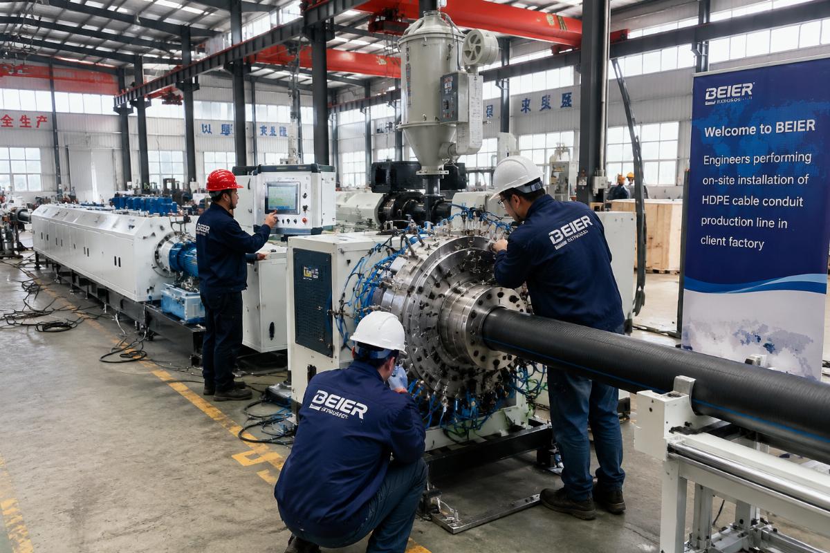 Engineers performing on-site installation of HDPE cable conduit production line in a client factory