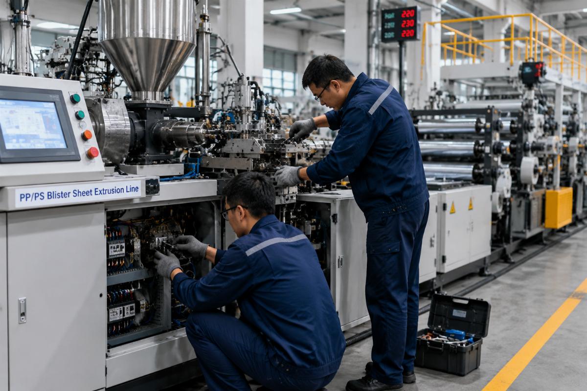 Engineers performing on-site maintenance on a PP/PS blister extrusion line