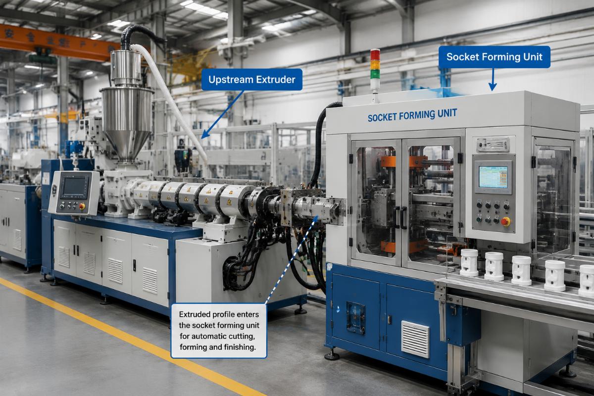 Factory production line showing socket forming unit connected to upstream extruder