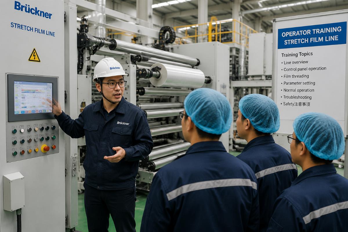 Field engineer conducting on-site operator training for a newly installed stretch film line