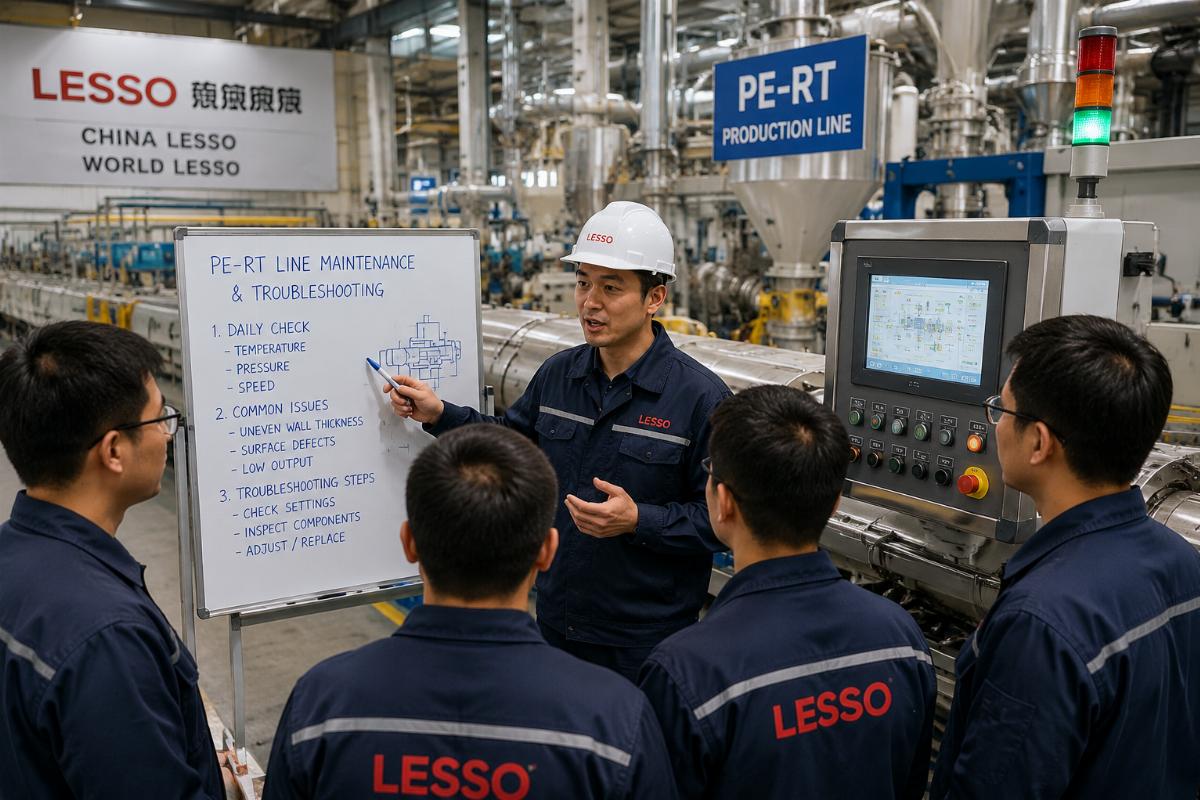 Field engineer training factory operators on PE-RT line maintenance and troubleshooting