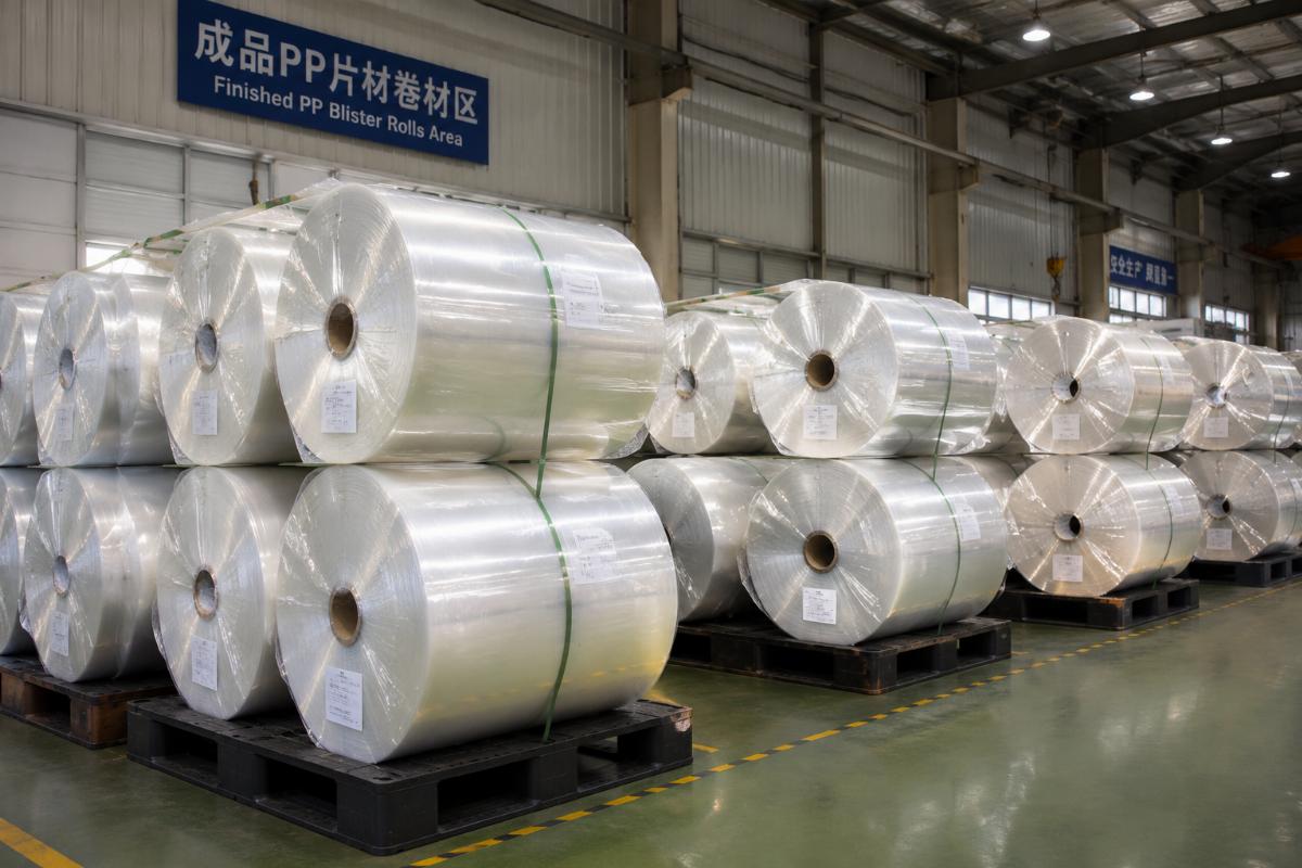 Finished clear PP blister rolls stacked in a food packaging factory warehouse