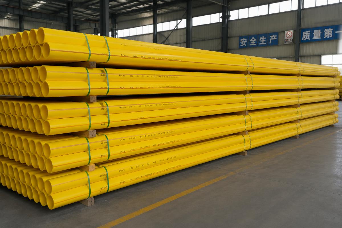 Finished PE100 yellow gas pipes stacked in a warehouse ready for delivery