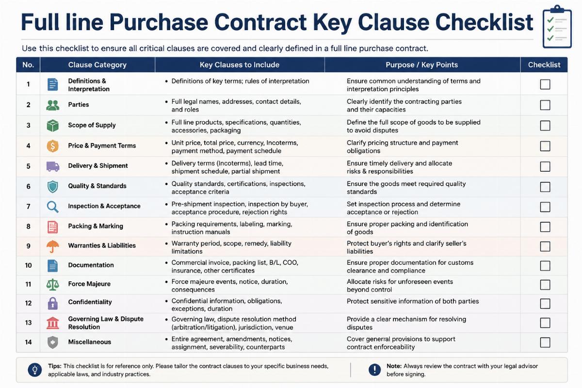Full line purchase contract key clause checklist